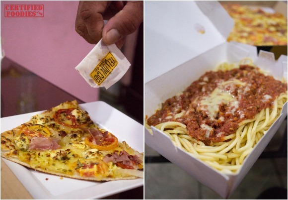 Enjoying a slice of Yellow Cab Pizza and spaghetti and meatballs[2]