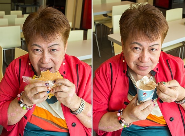 Nanay enjoying her Jollibee Mix-ins with Hershey's Kisses and Cheesy Bacon Mushroom Champ