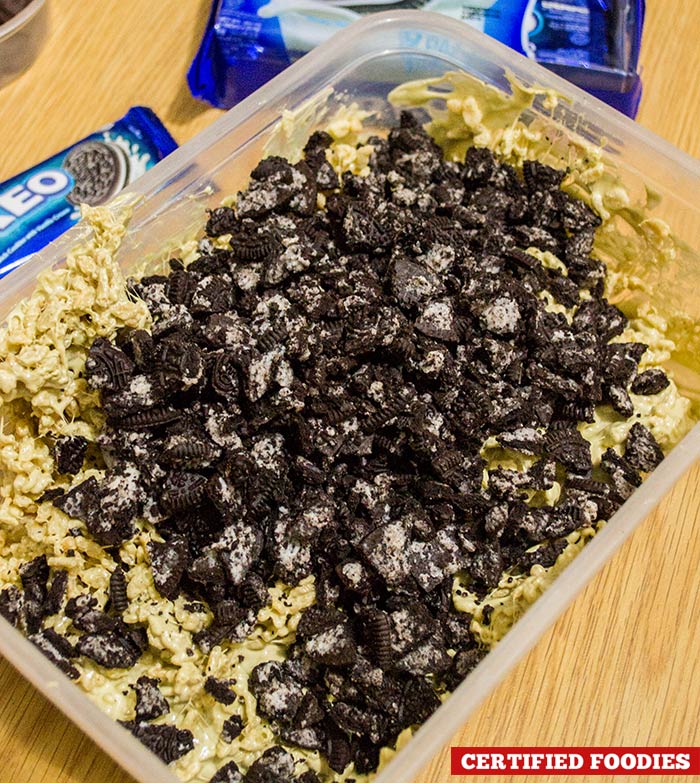 Crushed Oreo cookies for the Rice Krispies bars recipe